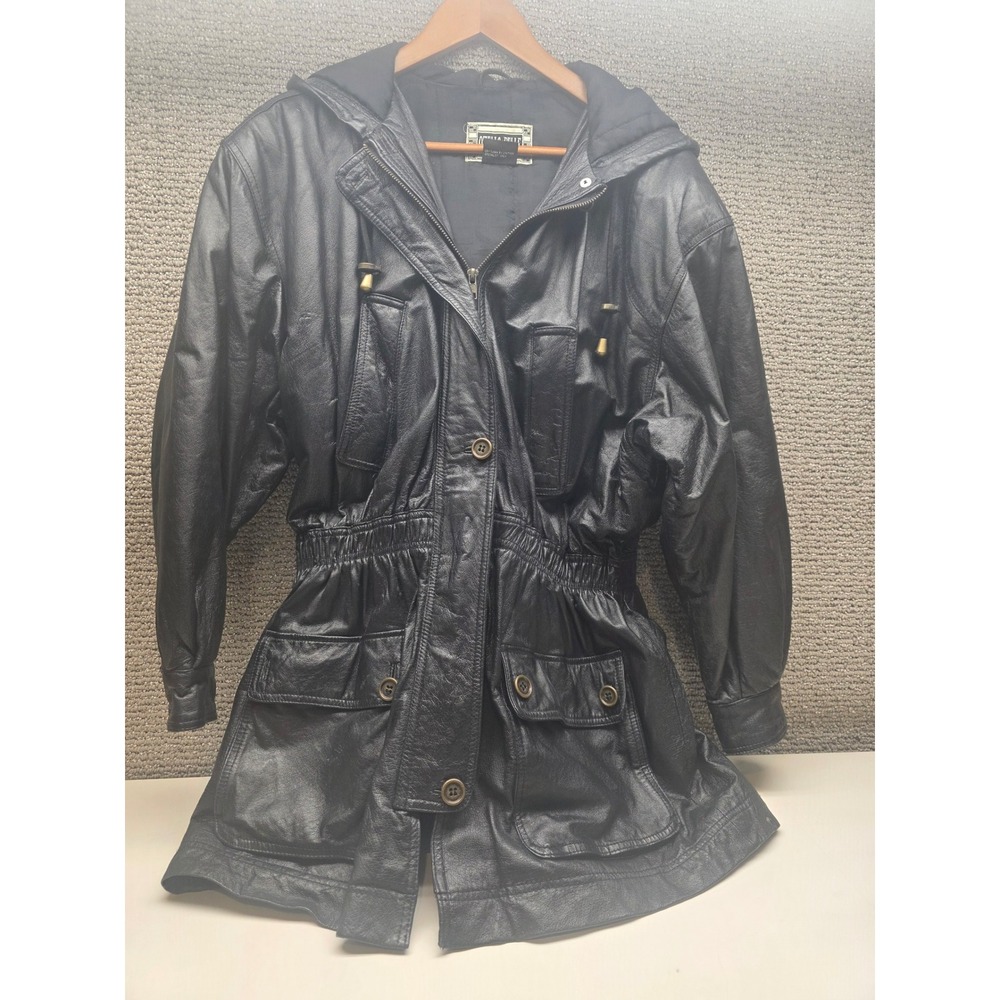Otello Pelle Womens Black Leather Hooded Parka Jacket Cinched Waist Size‎ M